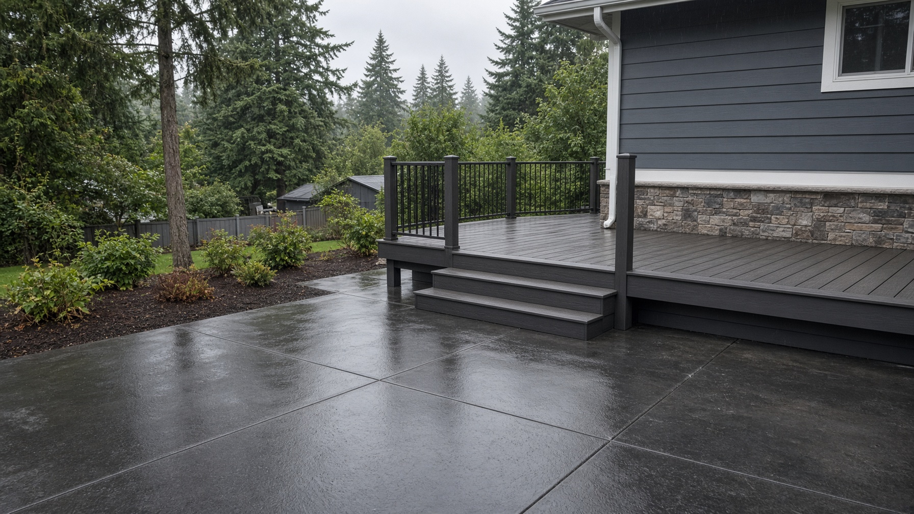 Pressure-washed concrete driveway and composite deck
